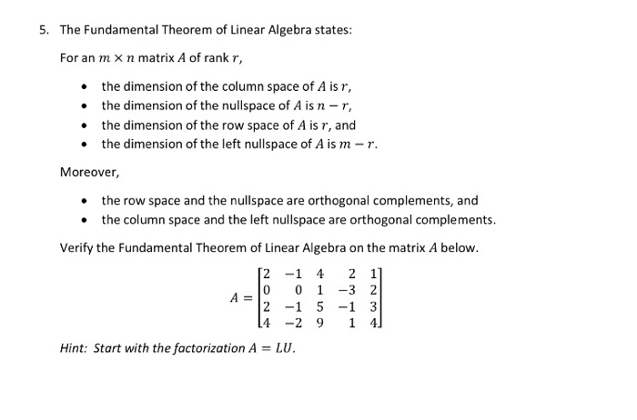 Solved 5 The Fundamental Theorem Of Linear Algebra States 2248