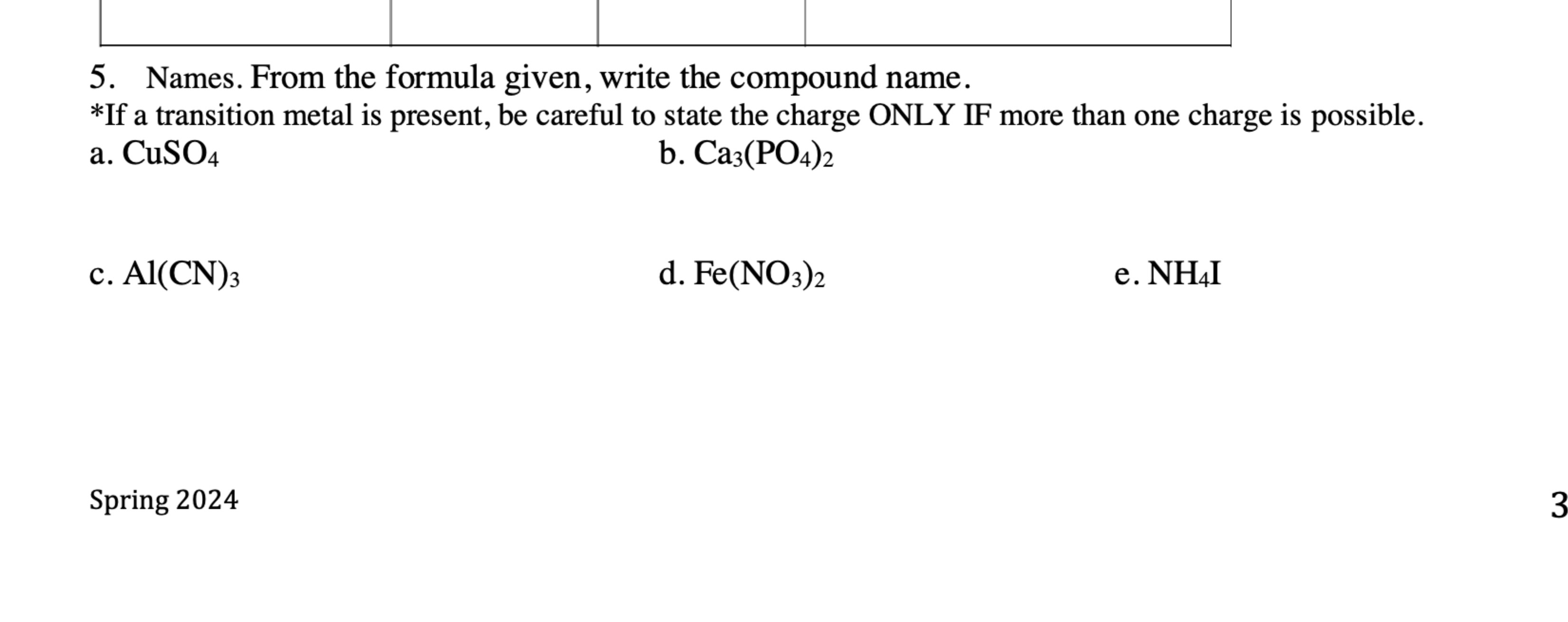 Solved Names. From the formula given, write the compound | Chegg.com