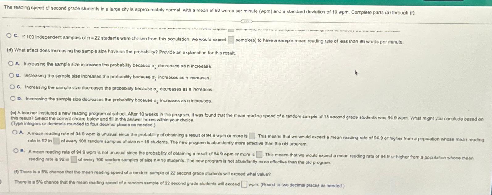 Solved The Reading Speed Of Second Grade Students In A Large 