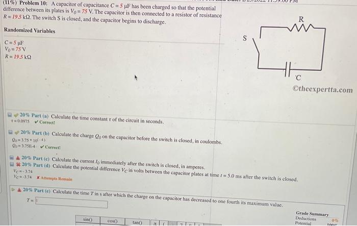 Solved (11%) Problem 10: A Capacitor Of Capacitance C = 5uF | Chegg.com