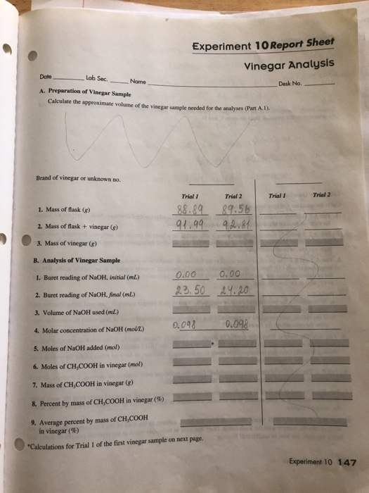 Experiment 10 Report Sheet Vinegar Analysis Desk No Chegg 