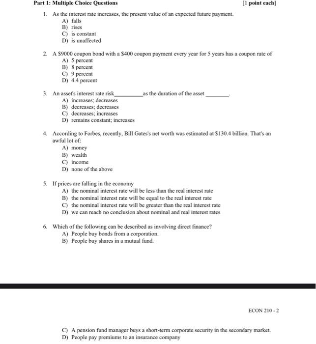 Solved Part 1: Multiple Choice Questions [1 point each 1. As | Chegg.com