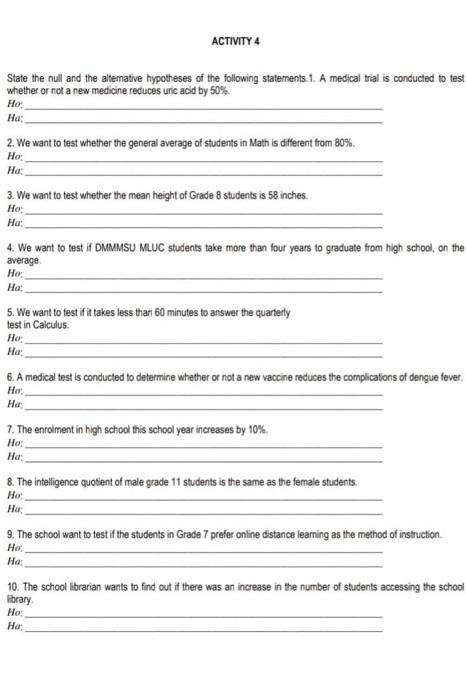 Solved ACTIVITY 4 State The Null And The Alternative Chegg