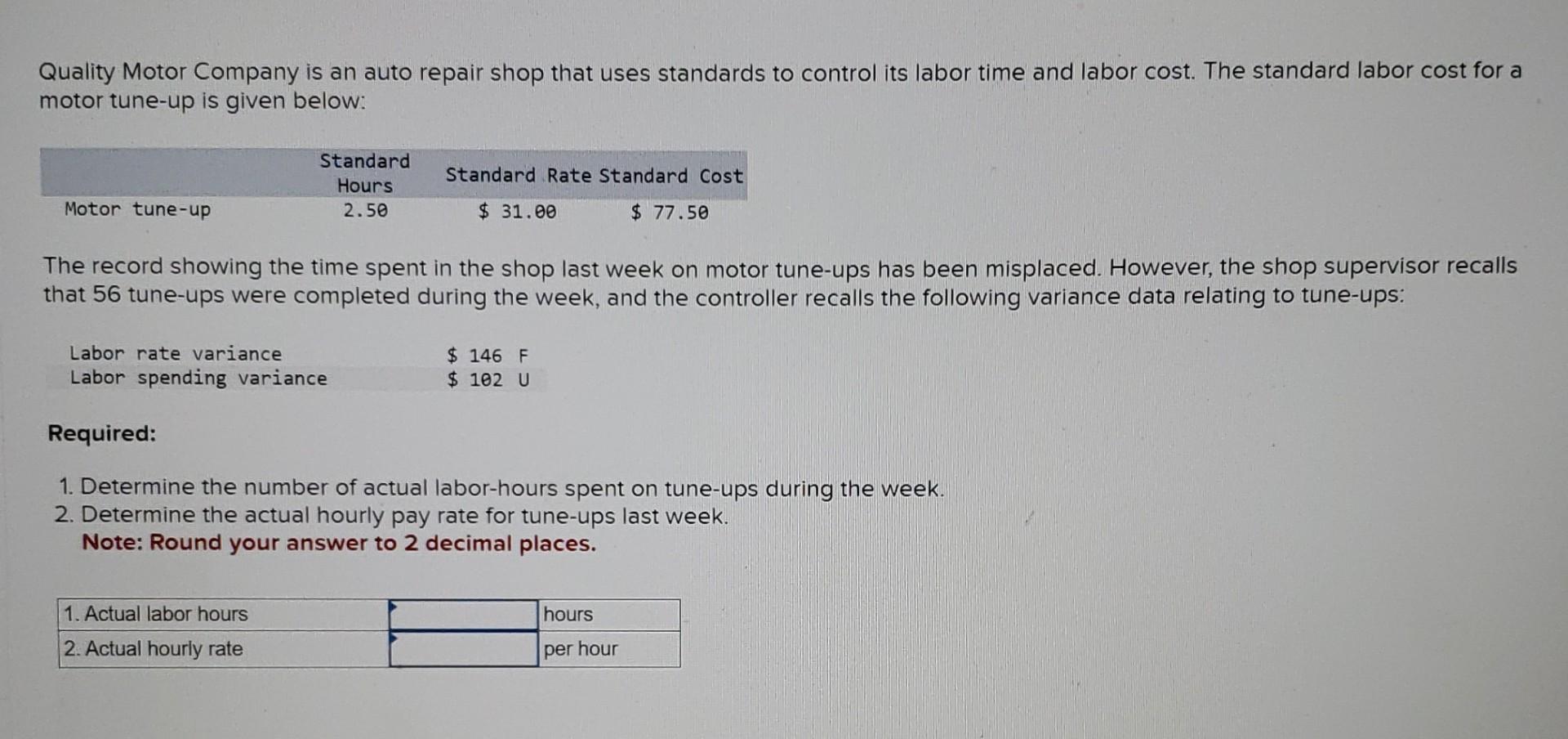 Solved Quality Motor Company is an auto repair shop that