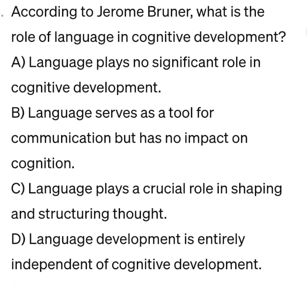 Solved According to Jerome Bruner what is the role of Chegg