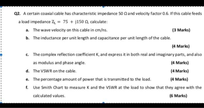 Solved Q2. A certain coaxial cable has characteristic | Chegg.com