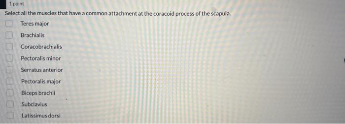 Select all the muscles that have a common attachment at the coracoid process of the scapula.
Teres major
Brachialis
Coracobra