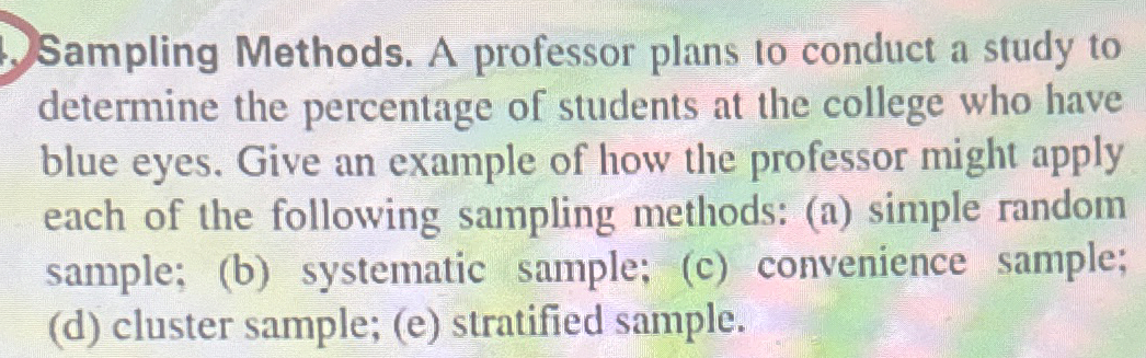 Solved Sampling Methods. A professor plans to conduct a | Chegg.com