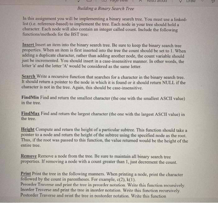Due: Building a Binary Search Tree In this assignment | Chegg.com