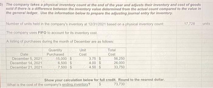 Solved The company takes a physical inventory count at the | Chegg.com