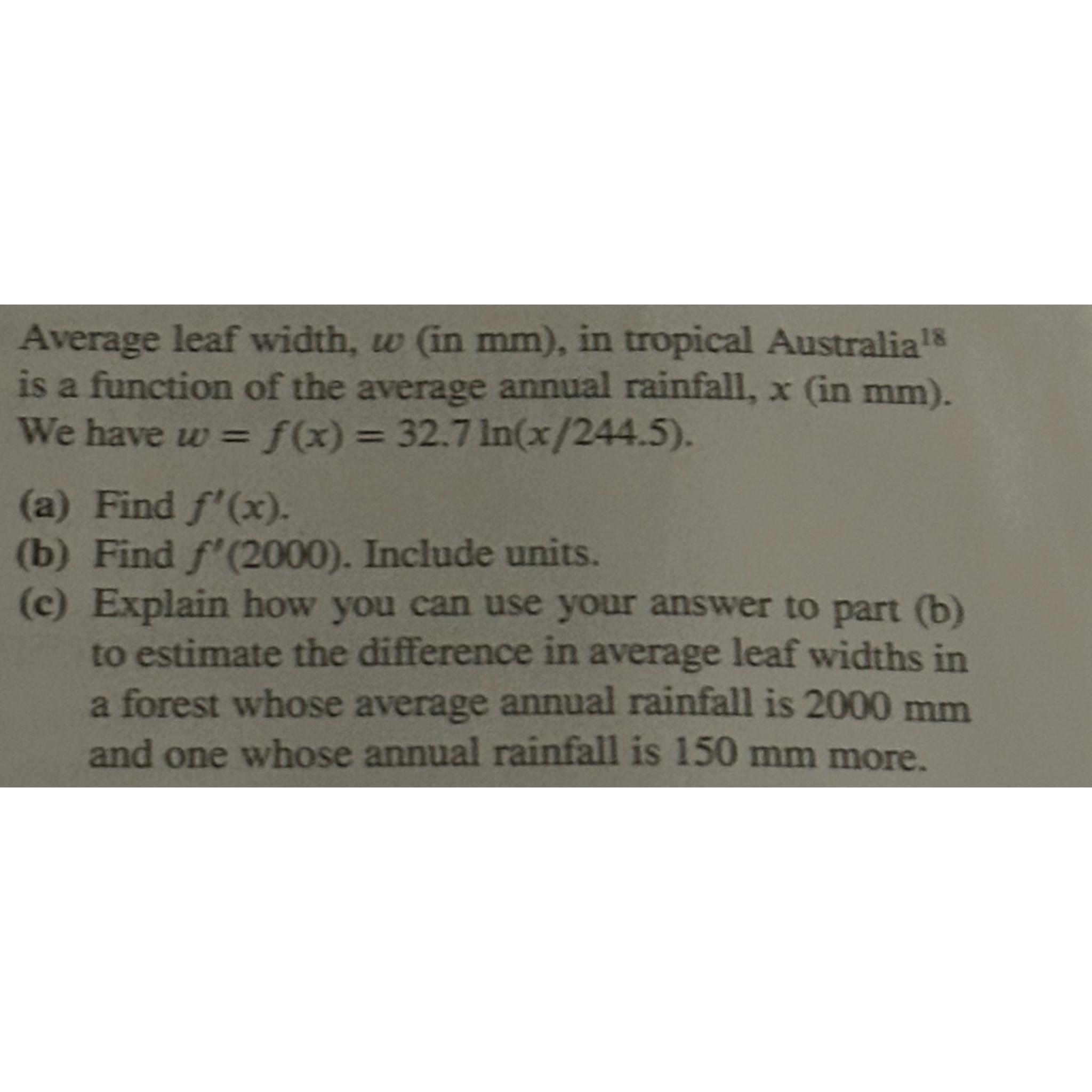 Solved Average leaf width, w (in mm), ﻿in tropical Australia | Chegg.com