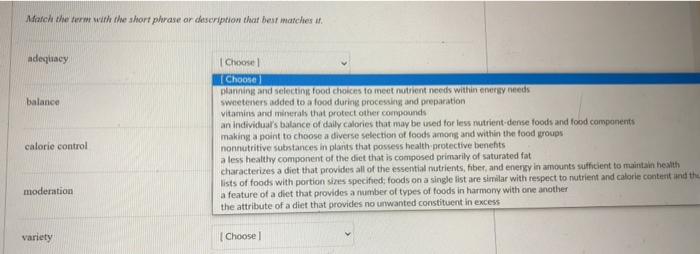 Match the form with the short phrase or description that best matches adequacy balance Choose Choose planning and selecting f