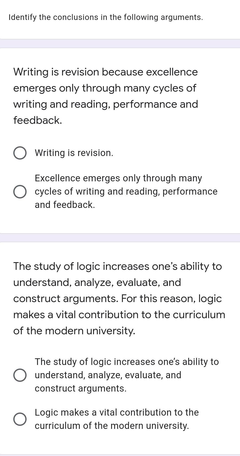 Solved Identify the conclusions in the following arguments. | Chegg.com