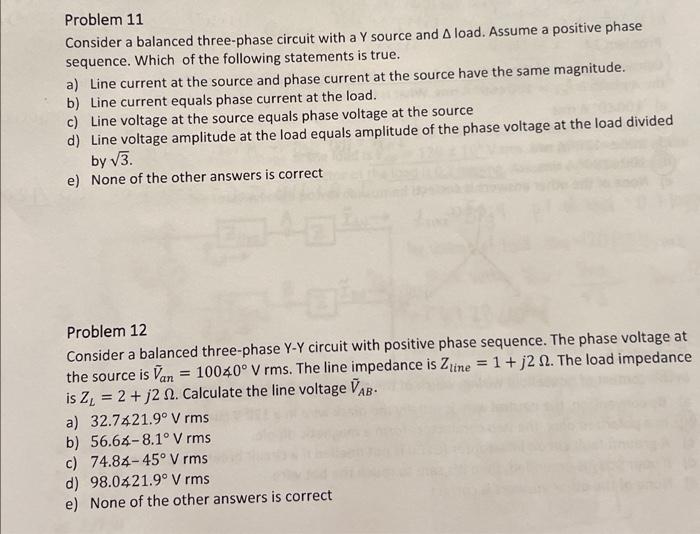 Solved Problem 11 Consider a balanced three-phase circuit | Chegg.com