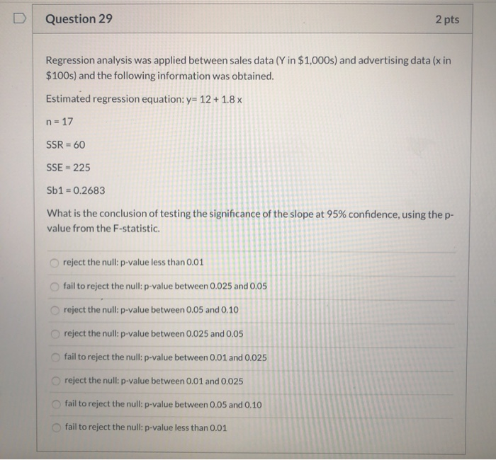 Solved Question 29 2 pts Regression analysis was applied | Chegg.com