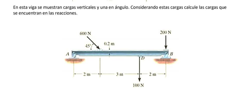 En esta viga se muestran cargas verticales y una en ángulo. Considerando estas cargas calcule las cargas que se encuentran en