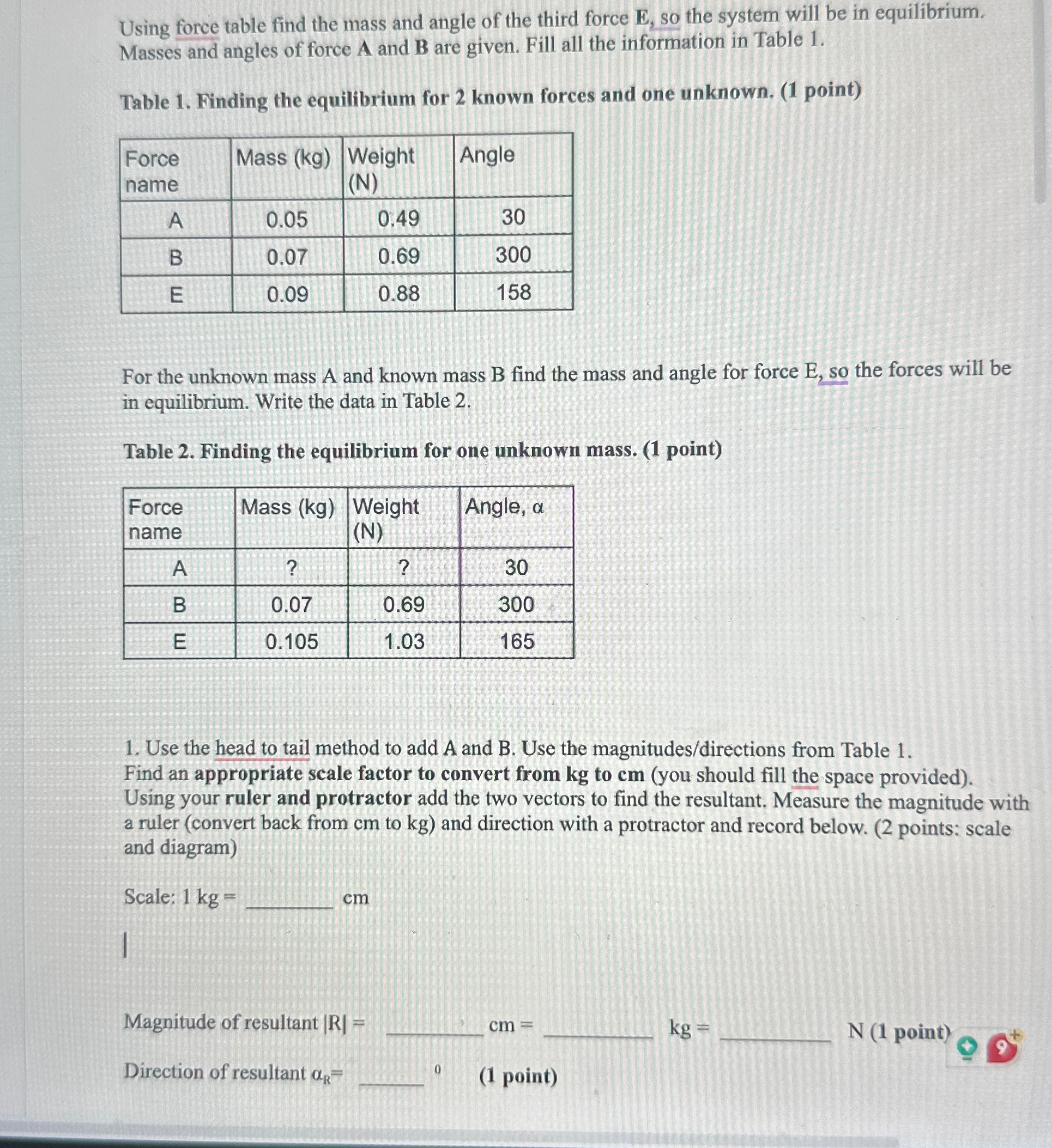 Solved Using force table find the mass and angle of the | Chegg.com