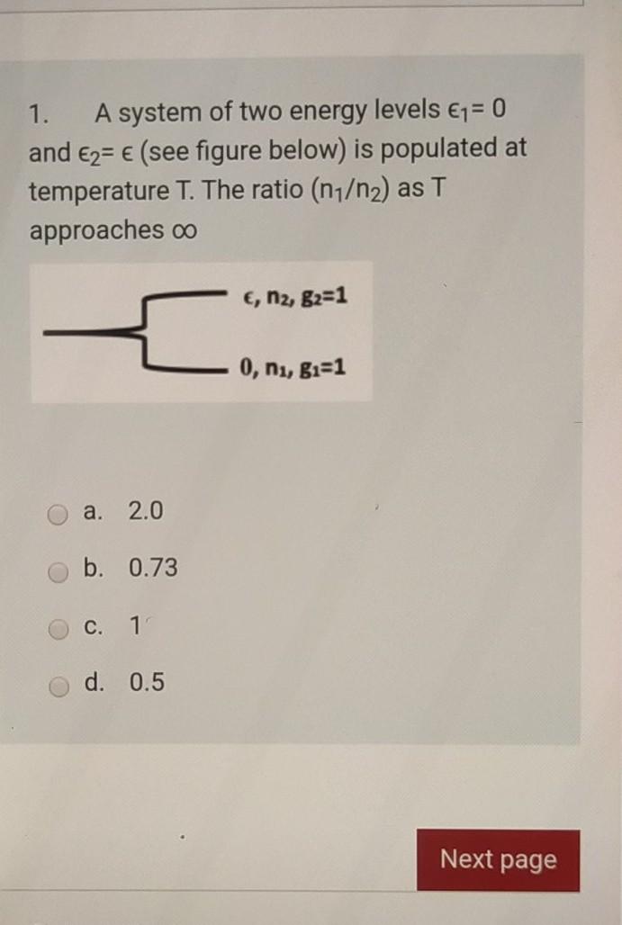 Solved 1. A system of two energy levels €1= 0 and €2= € (see | Chegg.com