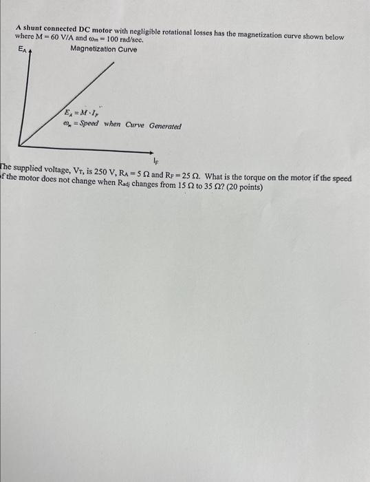 A shunt connected DC motor with negligible rotational losses has the magnetization curve shown below where \( \mathrm{M}=60 \