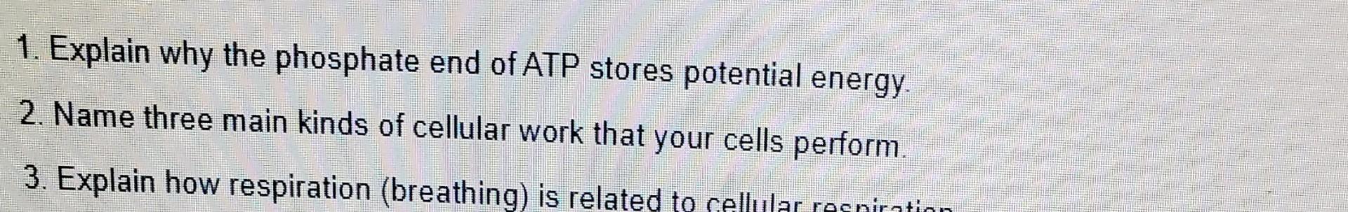 Solved 1. Explain why the phosphate end of ATP stores | Chegg.com