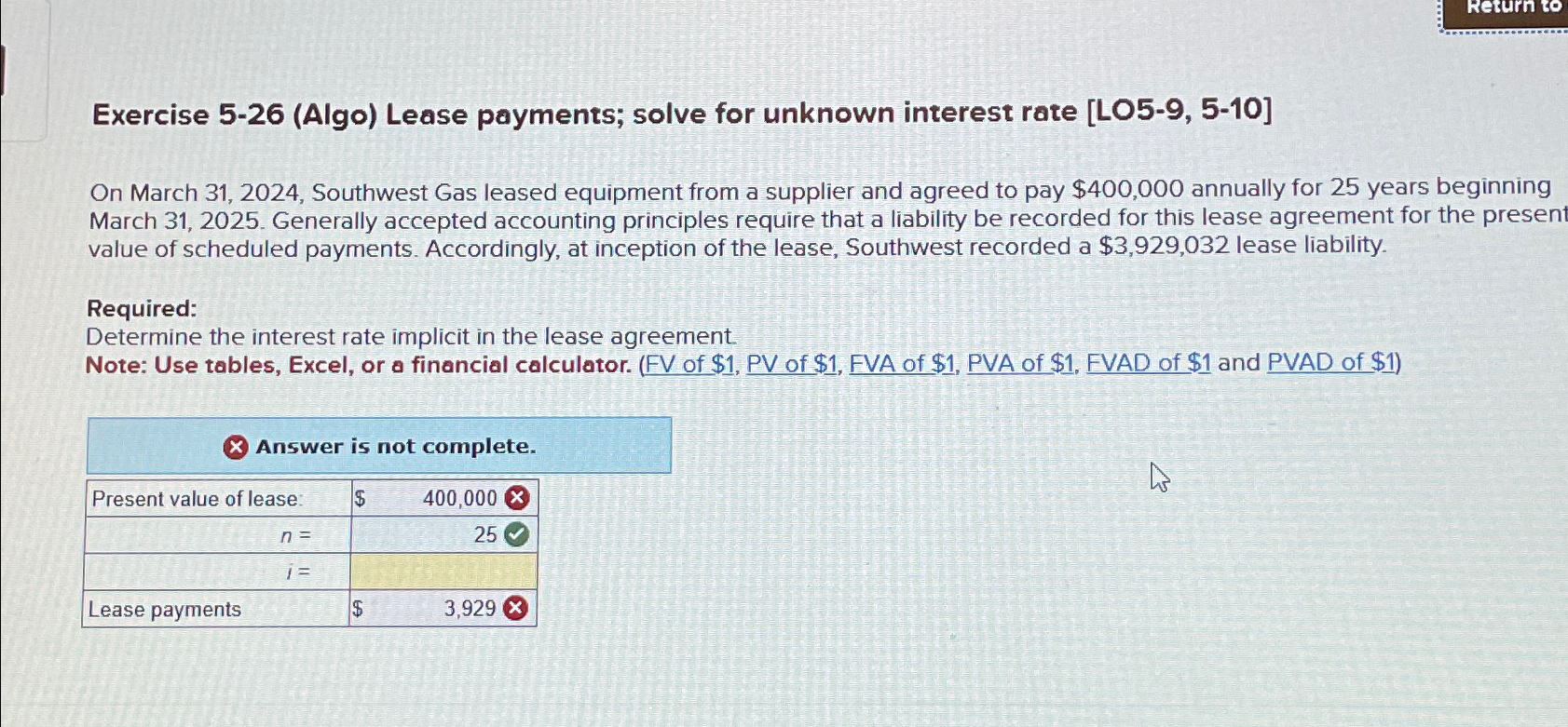 Solved Exercise 5-26 (Algo) ﻿Lease payments; solve for | Chegg.com