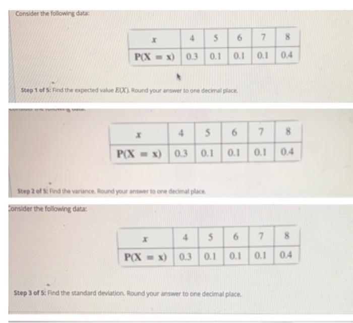 Solved Consider the following data: 4 5 6 7 8 P( XX) 0.3 0.1 | Chegg.com