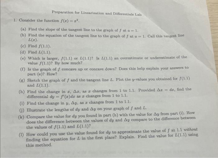 Solved Preparation for Linearization and Differentials Lab | Chegg.com