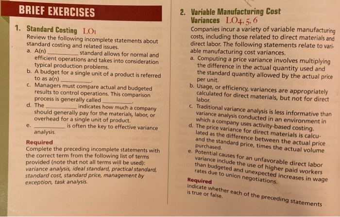 Solved 2. Variable Manufacturing Cost BRIEF EXERCISES | Chegg.com