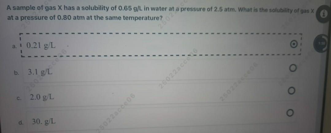 Solved A sample of gas X has a solubility of 0.65 g/L in | Chegg.com