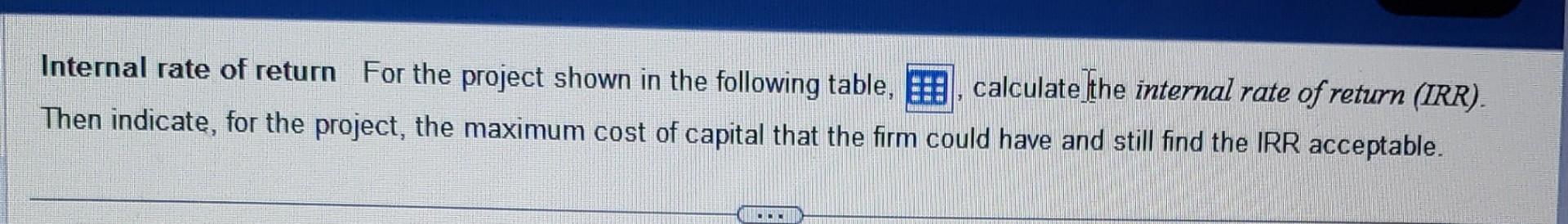 Internal rate of return For the project shown in the following table, calculate the internal rate of return (IRR). Then indic