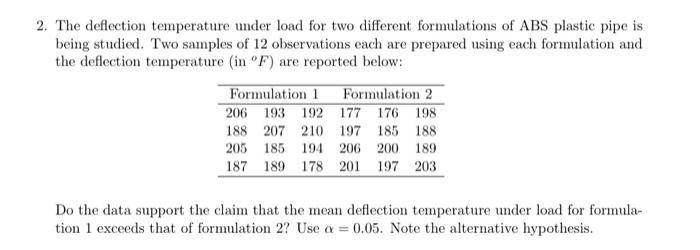 Solved 2. The deflection temperature under load for two | Chegg.com