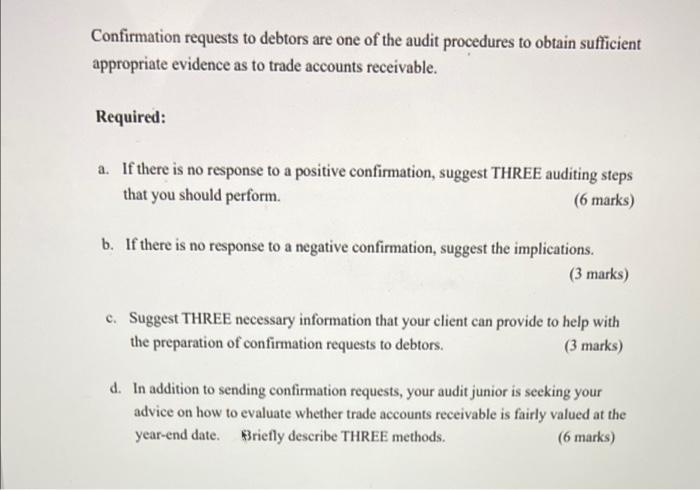 Solved Confirmation requests to debtors are one of the audit | Chegg.com