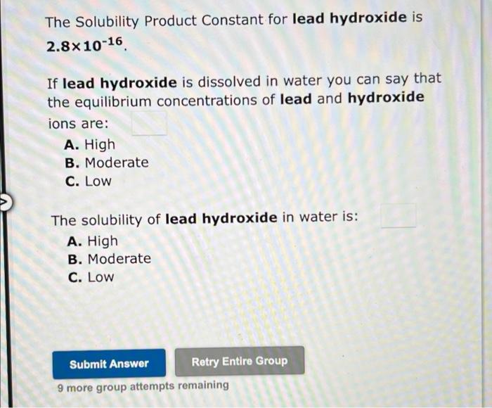 Solved The Solubility Product Constant for lead hydroxide is