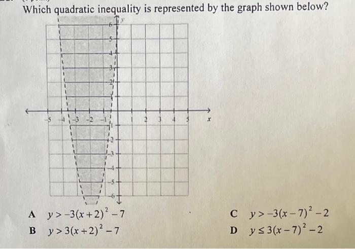 Which quadratic inequality is represented by the graph shown below? X A y> -3(x+2)²-7 C y> -3(x-7)²-2 B y> 3(x+2)² -7 D y ≤ 3