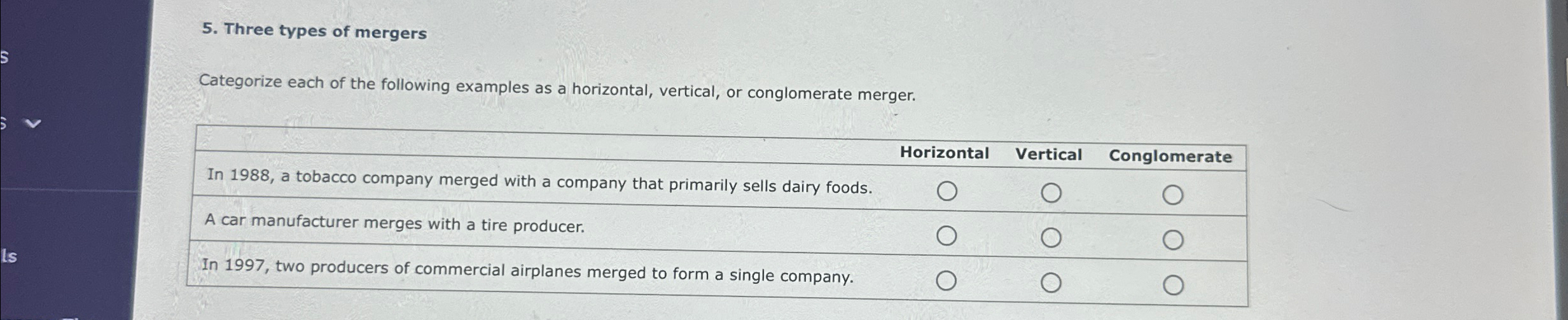 Solved Three types of mergersCategorize each of the | Chegg.com