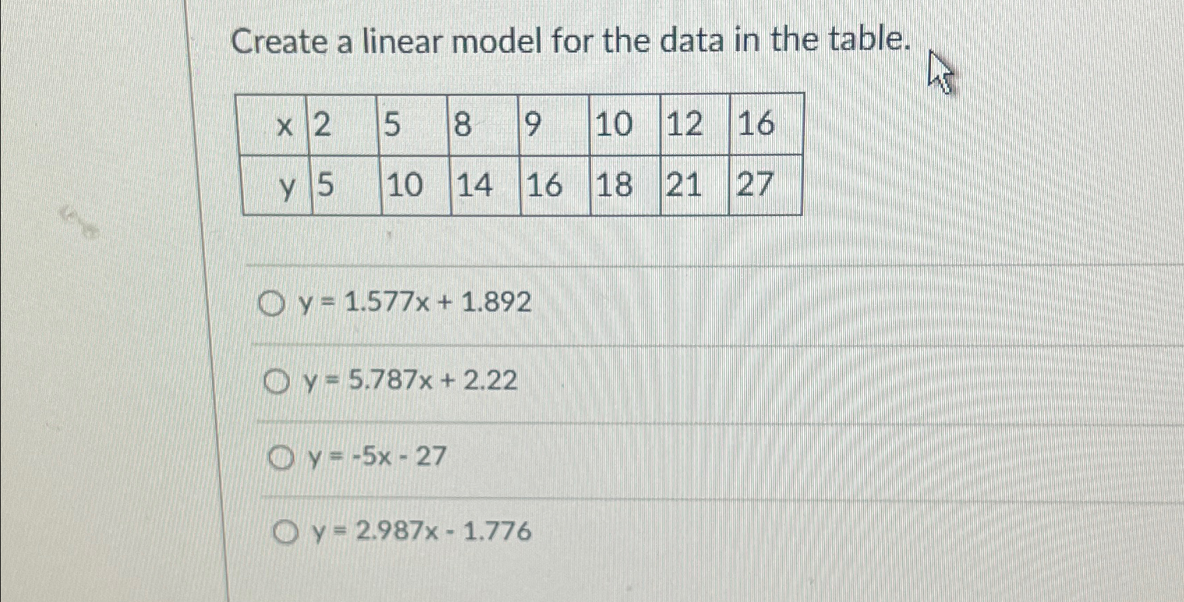 Solved Create a linear model for the data in the | Chegg.com