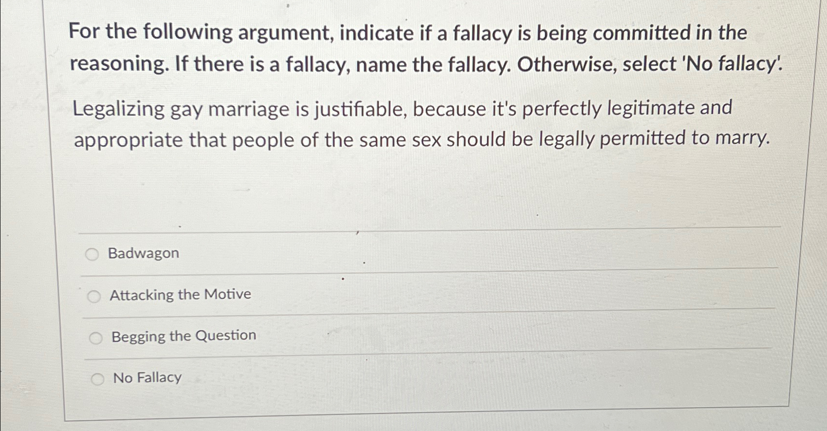 Solved For the following argument, indicate if a fallacy is | Chegg.com