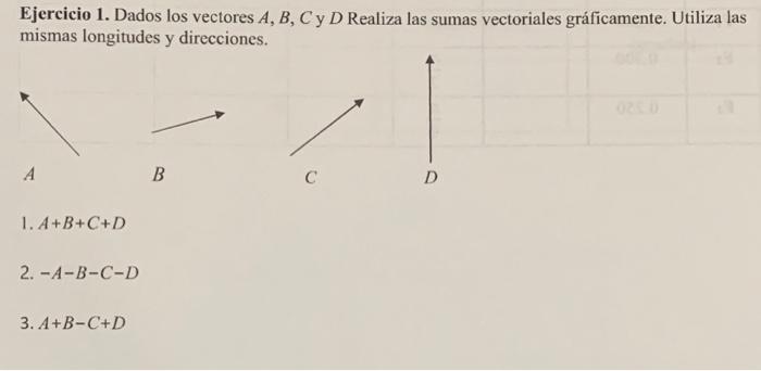 Ejercicio 1. Dados los vectores \( A, B, C \) y \( D \) Realiza las sumas vectoriales gráficamente. Utiliza las mismas longit