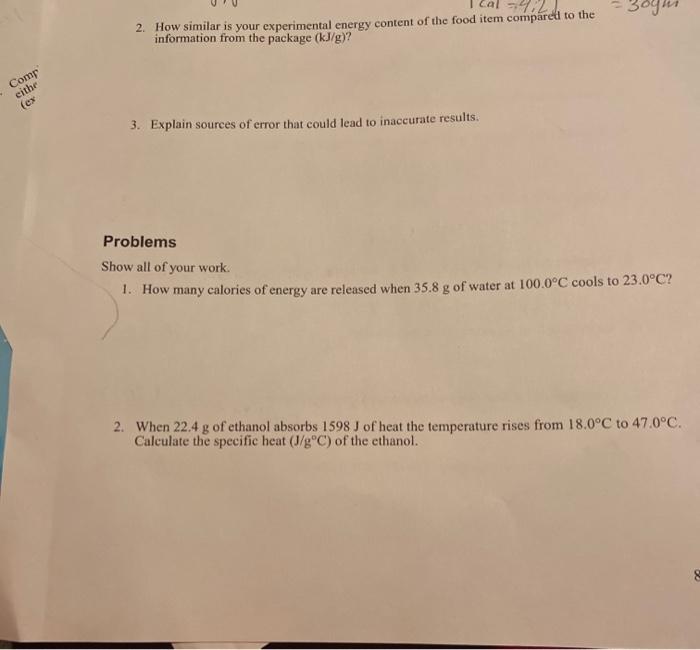 Solved PART II CALORIMETRY (Record data from the Energy