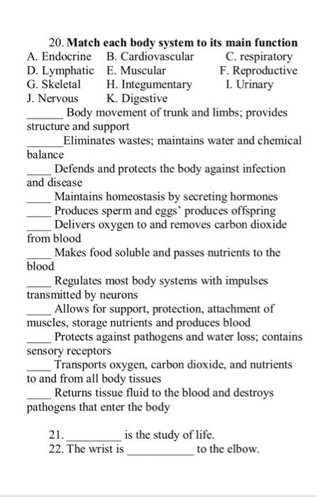 Solved 20. Match each body system to its main function A. | Chegg.com