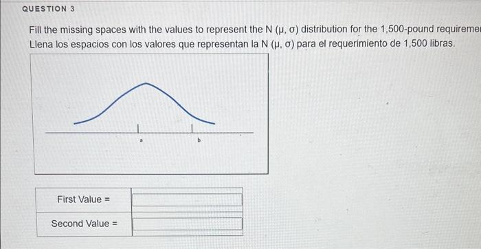 Fill the missing spaces with the values to represent the \( N(\mu, \sigma) \) distribution for the 1,500 -pound requireme Lle