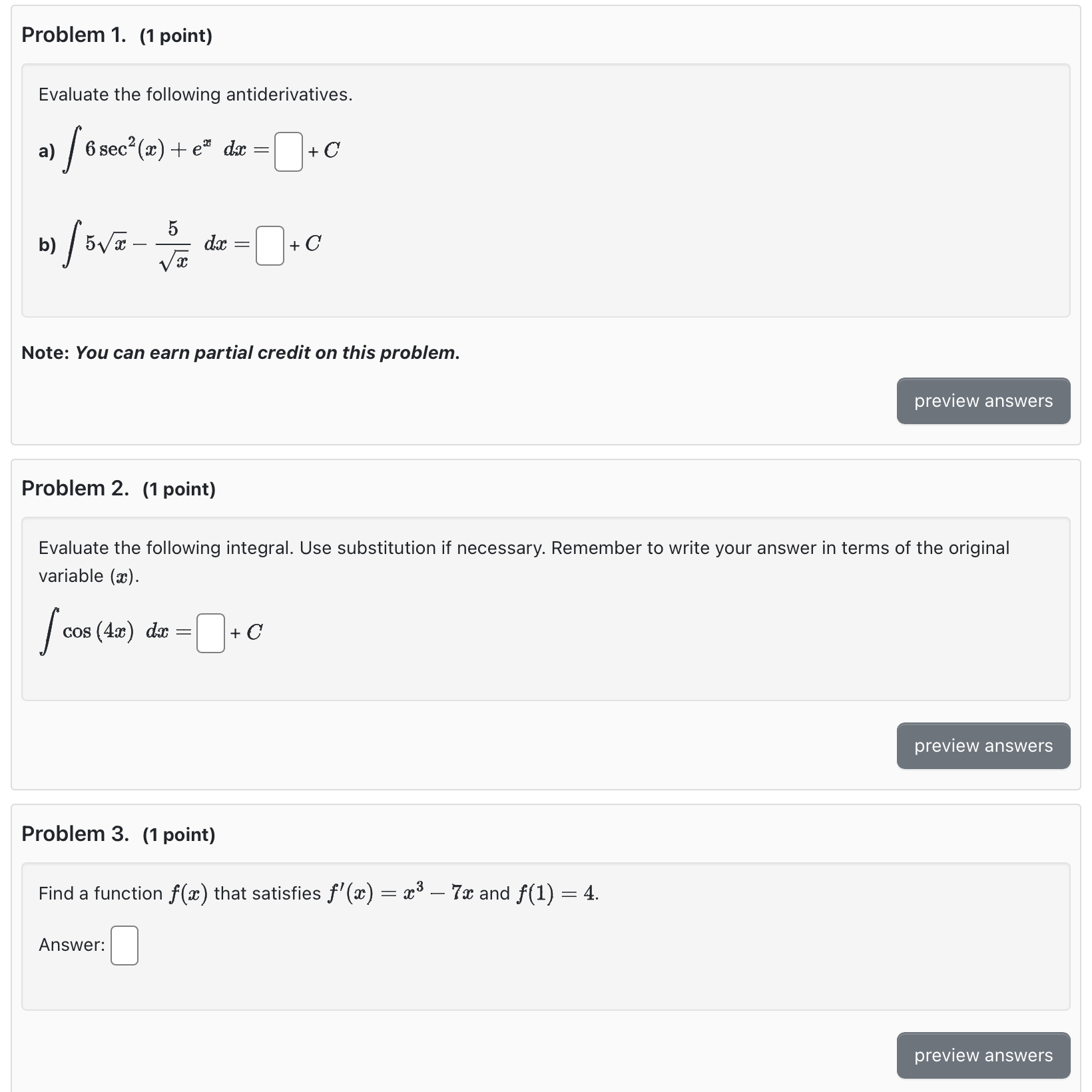 Solved Problem 1. (1 ﻿point)Evaluate the following | Chegg.com
