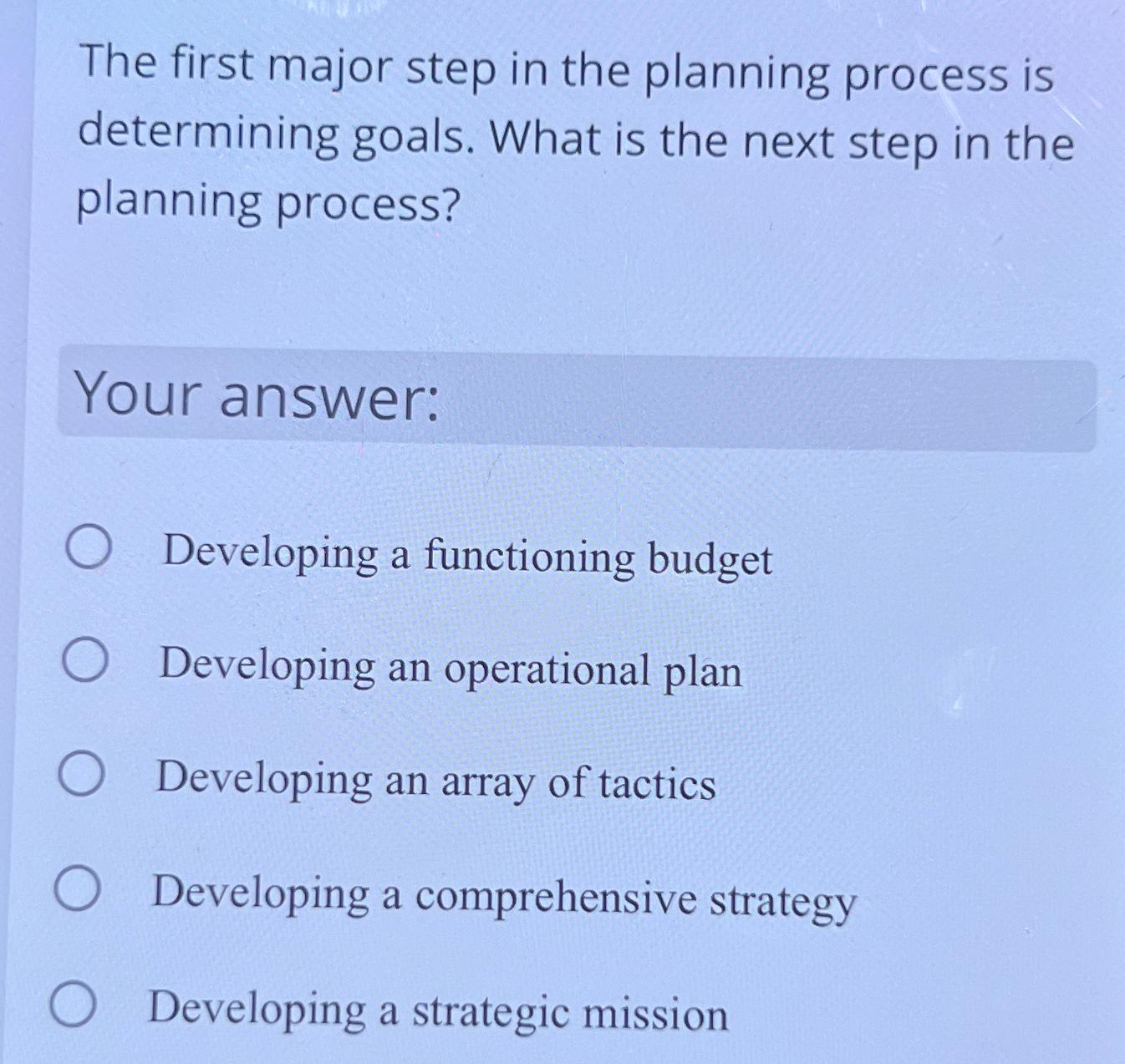 Solved The first major step in the planning process is | Chegg.com