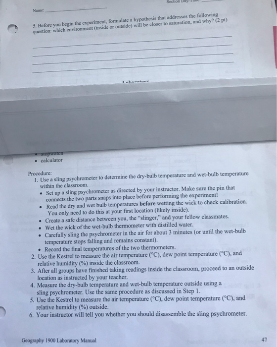 Humidity Lab Answer Key Laboratory 6: Moisture and Relative Humidity (60 pt) | Chegg.com