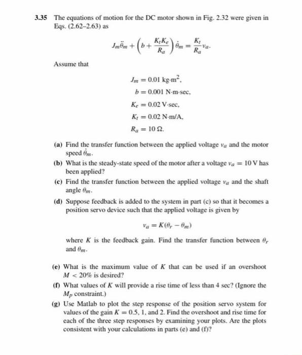 Solved 35 The equations of motion for the DC motor shown in | Chegg.com