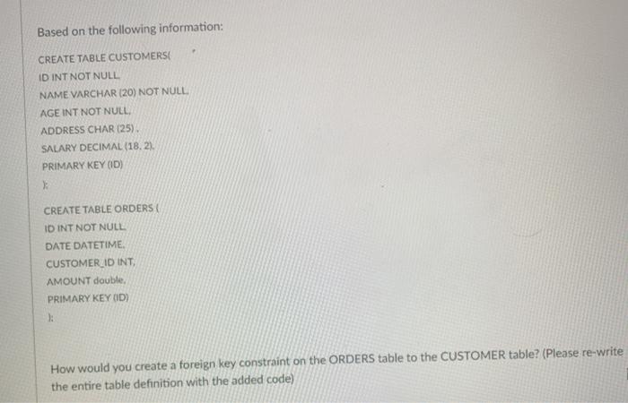 Solved Based on the following information: CREATE TABLE | Chegg.com