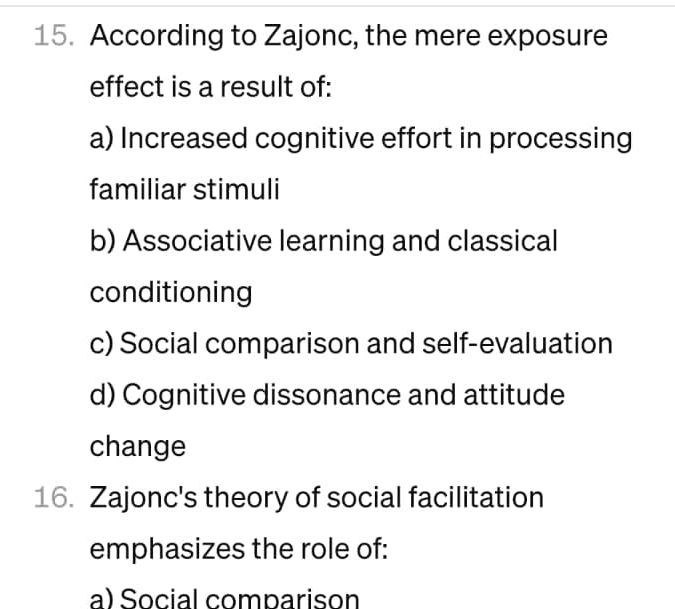 Solved According to Zajonc, the mere exposure effect is a | Chegg.com