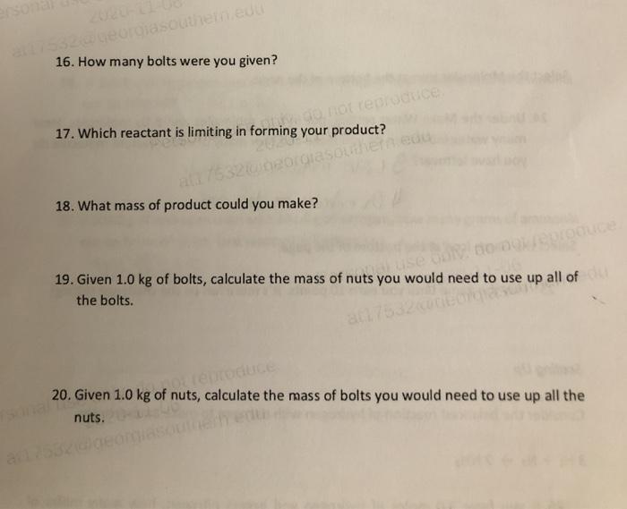 Solved EXPERIMENT 4B STOICHIOMETRY THE NUTS AND BOLTS OF