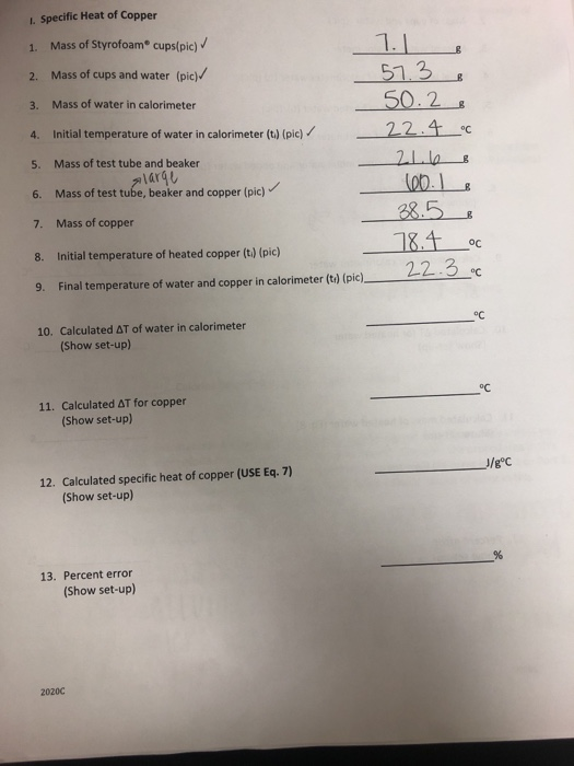 Solved 1. 2. 8 1. Specific Heat of Copper Mass of Styrofoam