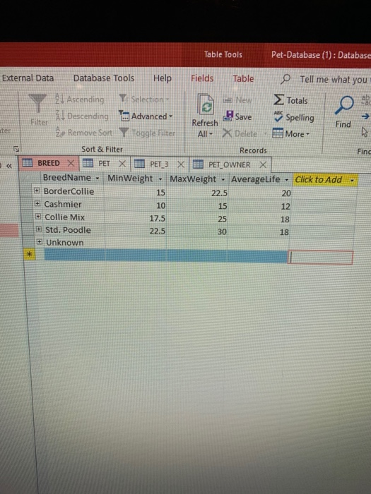 Solved Table Tools PetDatabase (1) Database Find External